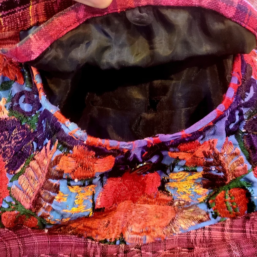 Crossbody Cotton Blend Multicolor Embroidered Hobo Bag Inner & Outer Pockets - Picture 5 of 8
